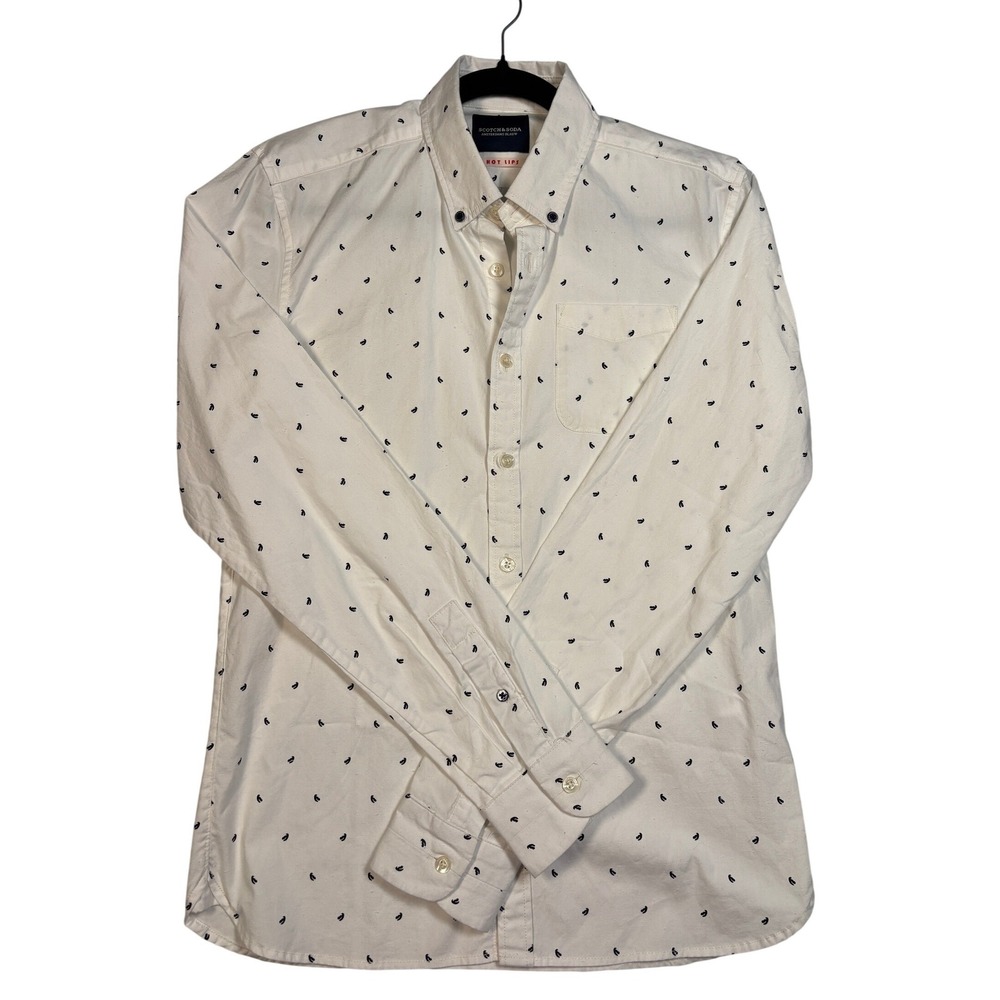 Scotch & Soda Amsterdams Blauw Hot Lips White Printed Button Down Shirt Mens S